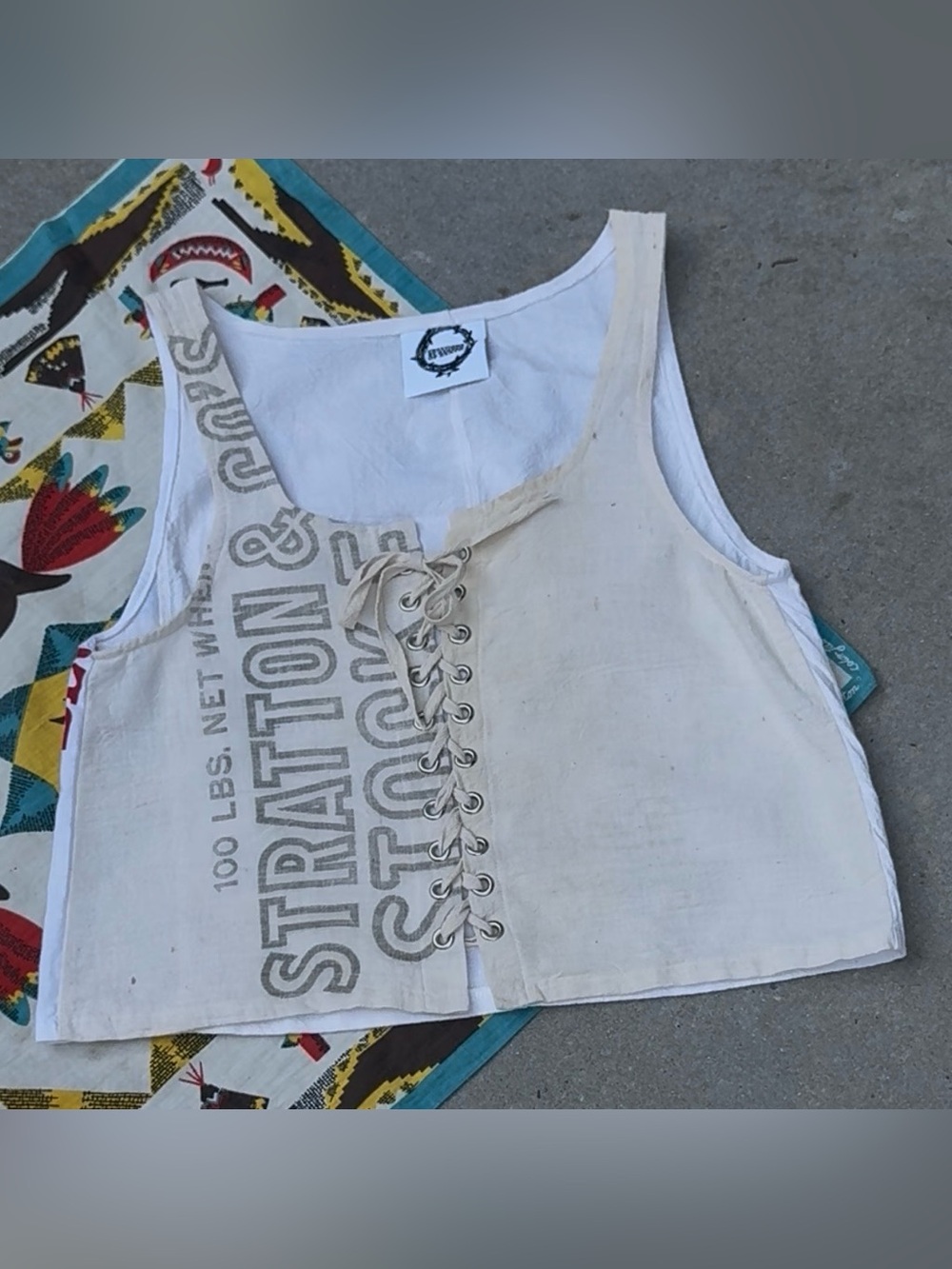 Handmade vintage feedsack lace up top